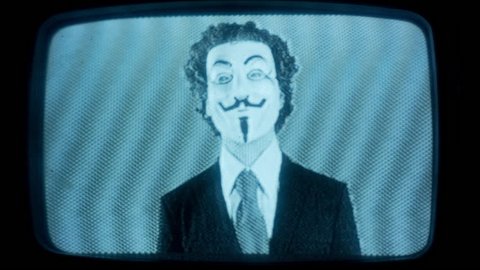 a man with an anonymous v for vendetta mask with intentional broken tv and video static
 vintage style. 