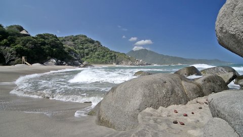 Waves coming in to Canaveral beach in Tayrona National Park in Colombia Adlı Stok Video