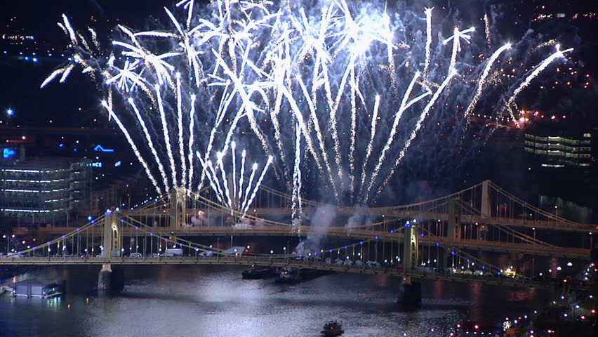 PITTSBURGH, PA - NOVEMBER 21: Fireworks explode over Pittsburgh, PA during