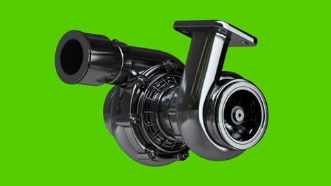 Close up Steel turbocharger isolated on green background. (3d render, green-screen, loop, fullHD 1080p) 