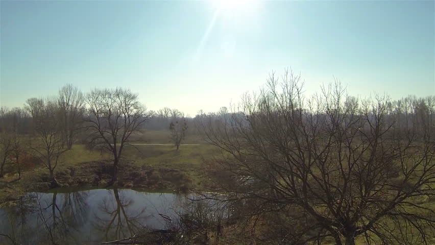 Small lake, blue sky  and trees. Landscape. Aerial