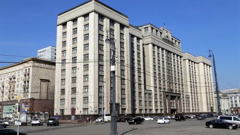MOSCOW, RUSSIA- MARCH 25, 2014:  Building of The State Duma of the Federal Assembly of Russian Federation. The address of the building is Okhotny Ryad Street, 1/2 in Moscow, Russia