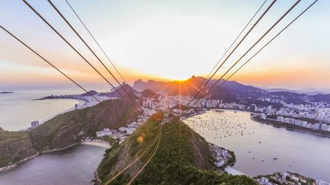 Rio De Janeiro cityscape time lapse of sunset over Christ The Redeemer from Sugar Loaf Mountain.