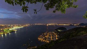 Rio De Janeiro cityscape panning time lapse at night from lower Sugar Loaf Mountain using HDR.