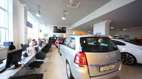 RUSSIA, MOSCOW - AUG 28, 2012 Large office of shop selling cars in dealership Avtomir on Baikalskaya