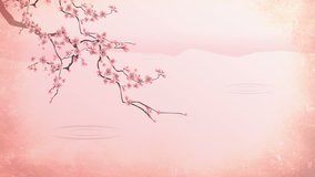 Animated scene of a cherry blossom tree over some water.  The clip can be looped.