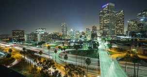 A panning long exposure time-lapse video from left to right at night of the highways and skyline of Los Angeles, California. 