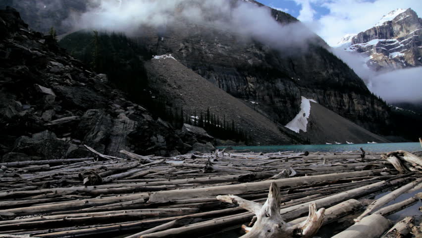 Driftwood timber logs foreground Lake Moraine Valley of the Ten Peaks, Banff National Park, Alberta, Canada - Driftwood timber logs Lake Moraine, Banff, Canada