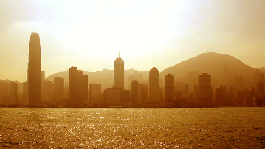 Hong Kong sunset cityscape along Victoria Harbour