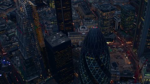 4K Aerial shot of Central London with a flyover view of The City Financial District, Liverpool Street, Gherkin