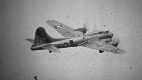An old black and white film of a Boeing Flying Fortress B17 World War II bomber aircraft of the USAF. Airplane  taking off, flying and landing. Vintage aeroplane.