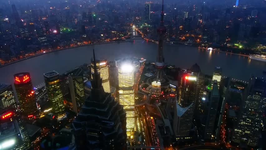 Elevated view of high-rise buildings with river at night in Shanghai,China.Jin Mao Tower(one of China