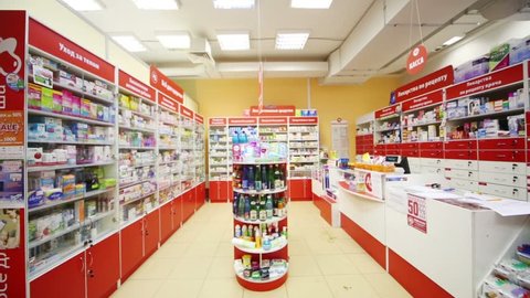MOSCOW, RUSSIA - DEC 8, 2012: Empty pharmacy in supermarket of home food Bahetle. Currently company Bahetle has 25 stores.