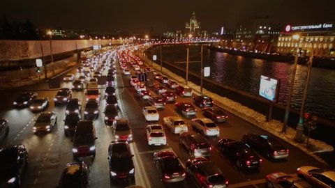 MOSCOW, RUSSIA - DEC 6, 2012: Traffic jam at night Kremlin embankment. 4 million vehicles are in Moscow
