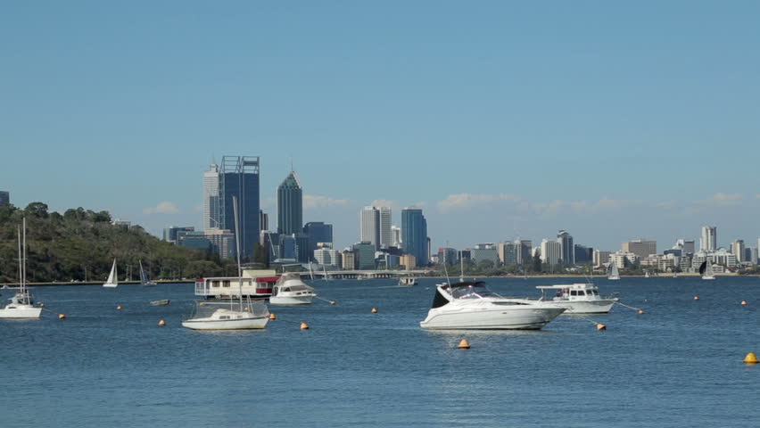 Perth skyline and Matilda Bay, Australia