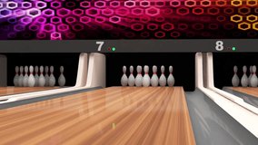 Animation of Bowling Strike. Bowling Ball crashing into the Pins on Wooden Lane. HQ Video Clip