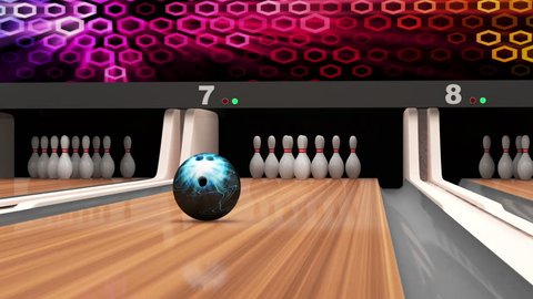 Animation of Bowling Strike. Bowling Ball crashing into the Pins on Wooden Lane. HQ Video Clip