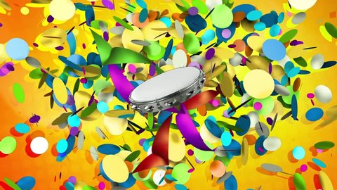 Tambourine tapping rhythm of carnival with a background of confetti and streamers.