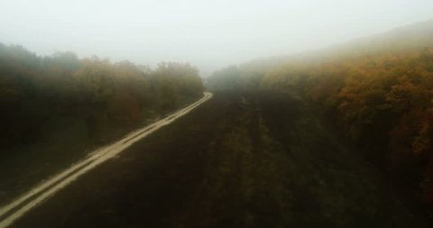 Aerial View: Flying over the forest in a fog, near Bakhchisaray, Crimea. Autumn 2013.