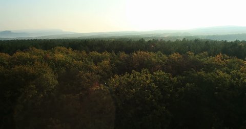 Aerial View: Flying over the forest, near Bakhchisaray, Crimea. Autumn 2013.