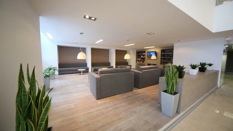 Rest-room with sofas, tv and tables at modern business center