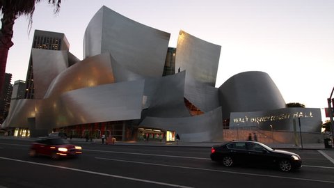 LOS ANGELES, CA - AUG 2011 Time Lapse from Day to Night of the World Famous Walt Disney Concert Hall in Downtown LA