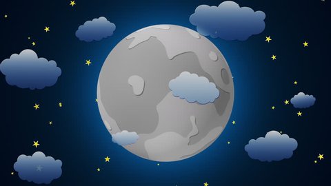 Moon cartoon with clouds moved by wind, loopable. 4k