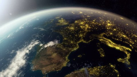 3D animation showing europe from space. As it gets dark you see cities light up. 库存视频