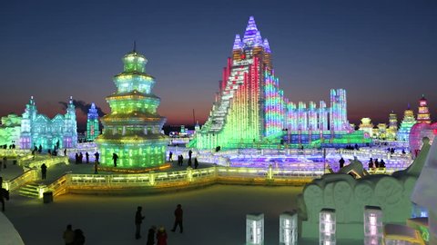 CHINA - CIRCA JANUARY 2014: Spectacular illuminated ice sculptures at the Harbin Ice and Snow Festival in Heilongjiang Province, Harbin, China