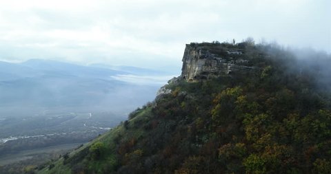 Aerial View: Besh-Kosh mountain, near Bakhchisaray. Crimea. Autumn 2013. The outer ridge of Crimean mountains is a series cuesta gradually rise to about 350 m.