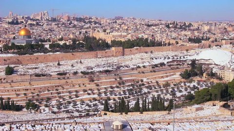 Wide view overlooking Jerusalem and the Temple Mount following an unusual snowfall.