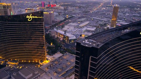 LAS VEGAS, NEVADA, CIRCA 2013 - Aerial view of the Encore and Wynn hotels in Las Vegas, Nevada.