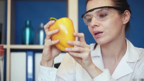 Biochemist examine fresh yellow pepper in laboratory
