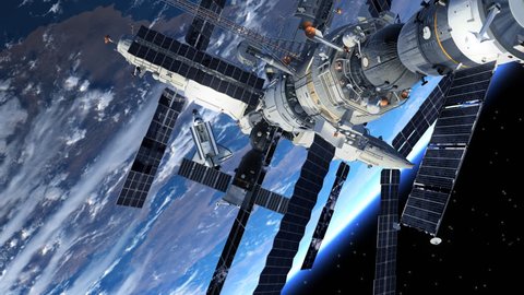 Space Station And Space Shuttle Orbiting Earth. 3D Animation.