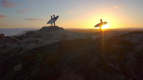 AERIAL: Surfers watching waves at sunset