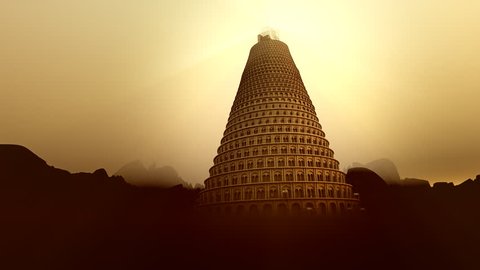 Conceptual image of the Tower of Babel disappearing upwards into the mountain mist as it strives to reach heaven