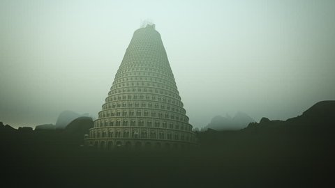 Conceptual image of the Tower of Babel disappearing upwards into the mountain mist as it strives to reach heaven