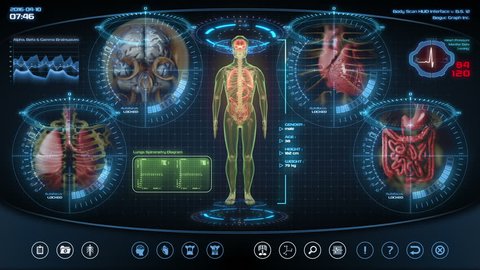 Futuristic human anatomy scan. Holographic medical application interface. Seamless loop.