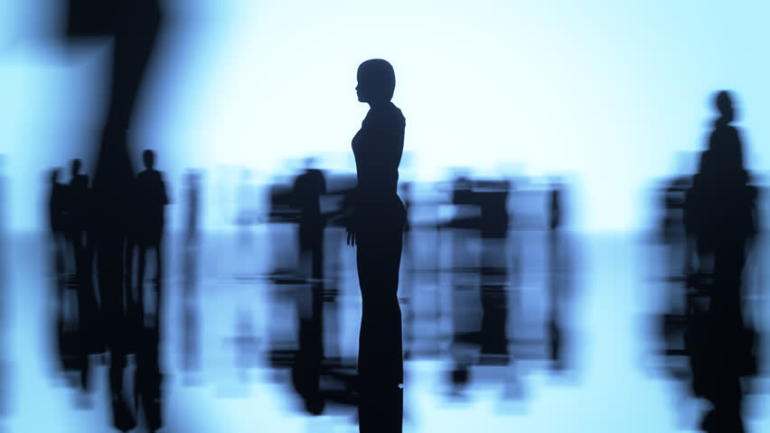 Silhouettes of a crowd of people walking on a reflective surface. Camera moving around one woman. Seamlessly loop. Royalty-Free Stock Footage #6096020