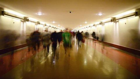 Time Lapse of Union Station Hallway with Commuters in Motion Blur -Tilt Up-