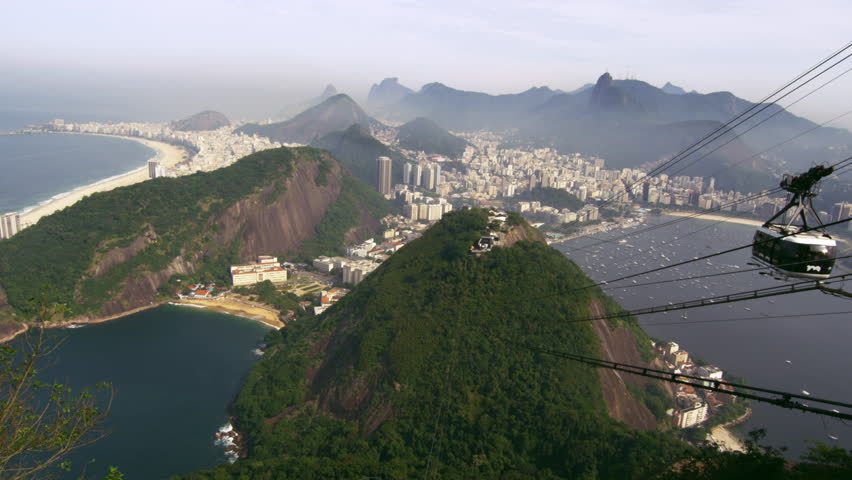 Shot of cable car going down the mountain in Rio de Janeiro, Brazil