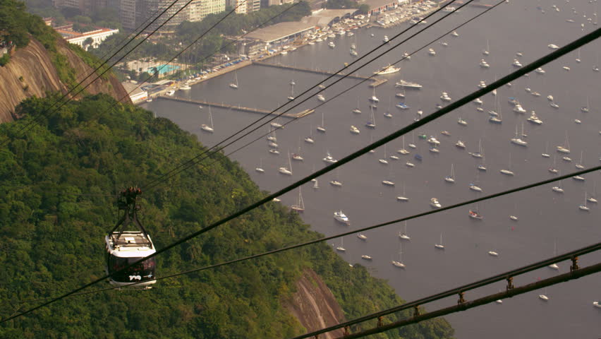 Shot of gondola going up the mountain in Rio de Janeiro, Brazil