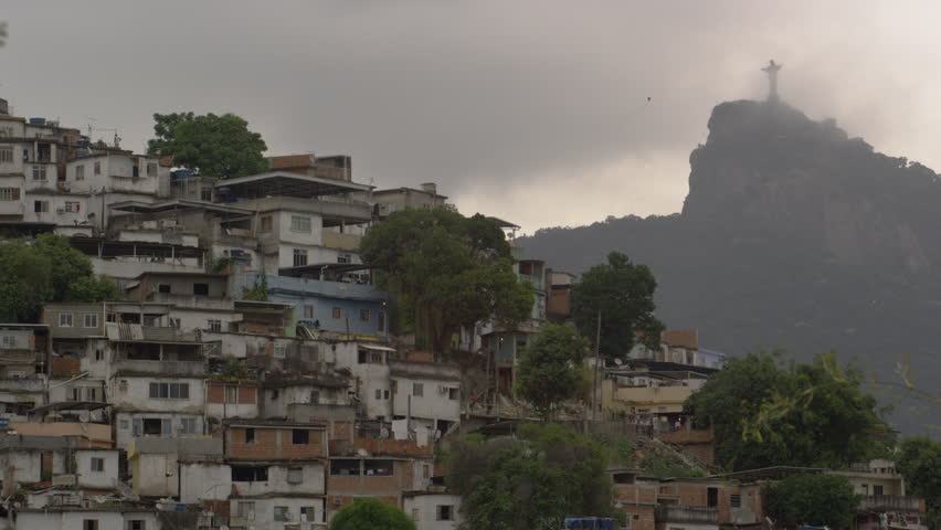 Static shot of shanties at the base of Corcovado Mountain in Rio de Janeiro,