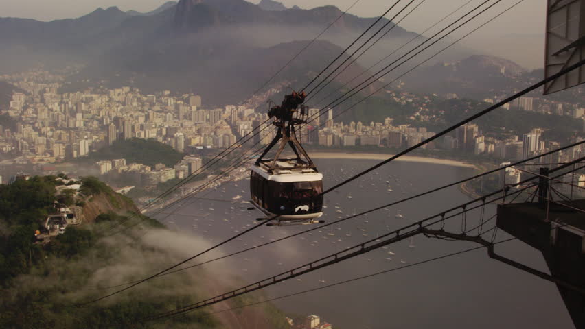 Gondola ascending Sugarloaf Mountain on a foggy day in Rio de Janeiro, Brazil