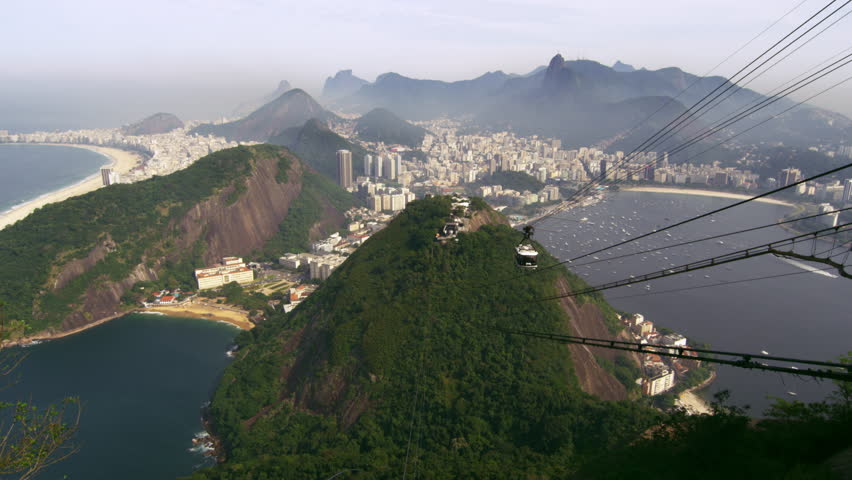 Shot of cable car going up the mountain in Rio de Janeiro, Brazil