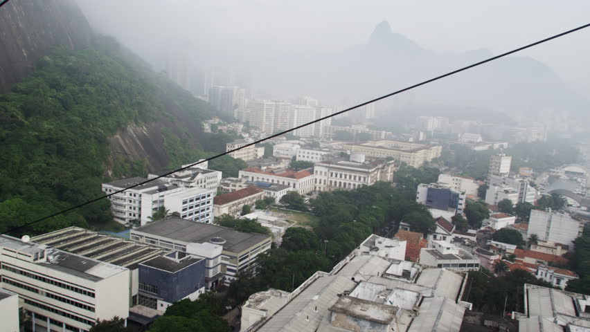 Tracking aerial shot of Rio de Janeiro, Brazil taken from a gondola
