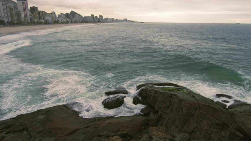 Slow motion shot of beach along Rio de Janeiro, Brazil
