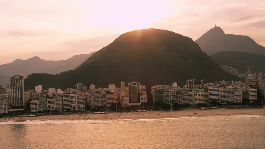 Aerial view of Rio de Janiero's coast centered on a mountain