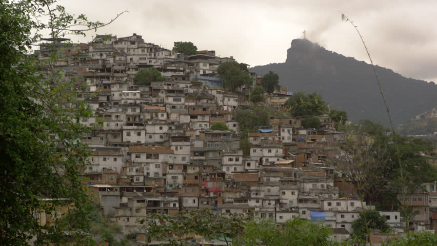 Blurred static shot of shanties at the base of Corcovado Mountain in Rio de