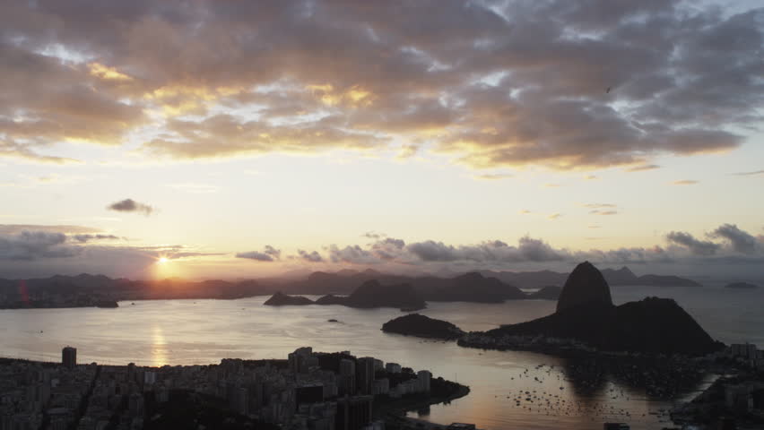 Panning shot of sunset over Rio de Janeiro, Brazil